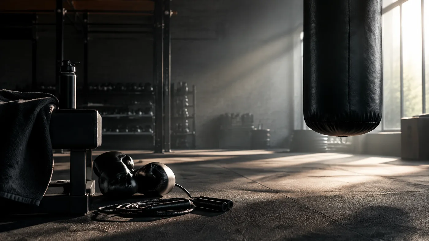 Salle de boxe sombre avec un sac de frappe
